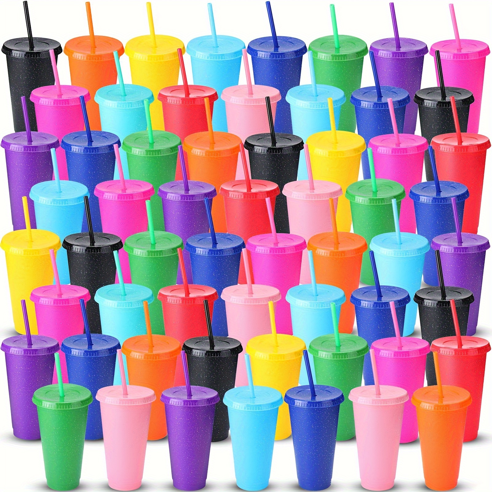 72 pcs glitter reusable cup with straws and lids plastic tumbler with lids and straws bulk color party coffee cup for adult kid birthday party 710 ml 24 oz details 1