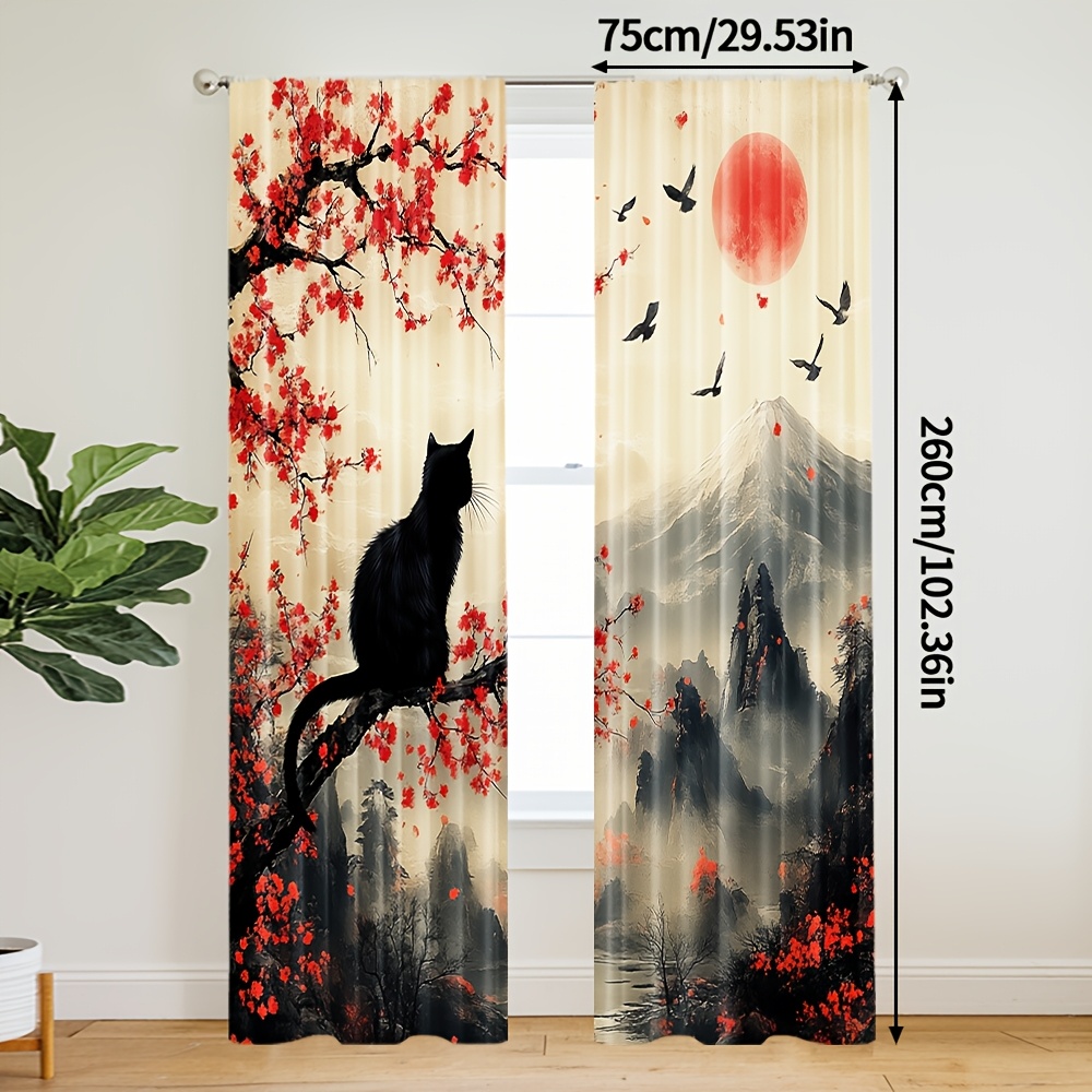 TEMU Set Of 2, Colorful Printed Curtains Japanese Cherry Blossoms, Made From Durable Polyester, Suitable For Bedroom, Study, Living Room, Balcony,
