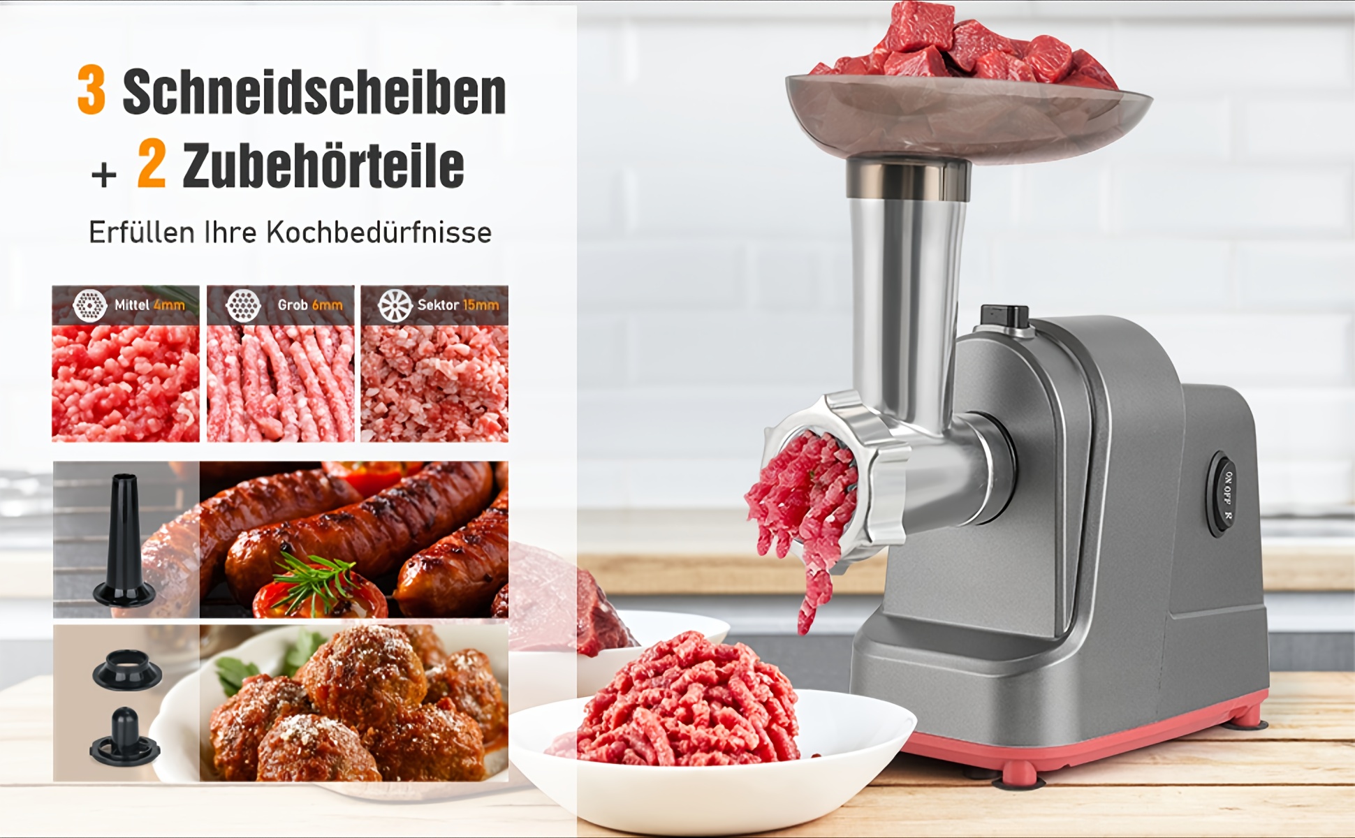Mașină electrică de tocat carne 3-în-1, tocător de carne cu accesorii pentru cârnați și chiftele - Motor de 350W din cupru pur 100%, 3 plăci din oțel inoxidabil (4/6/15mm), asamblare cu un singur buton, comutator de inversare, bază antiderapantă pentru bucătăria de acasă și cadou de Crăciun