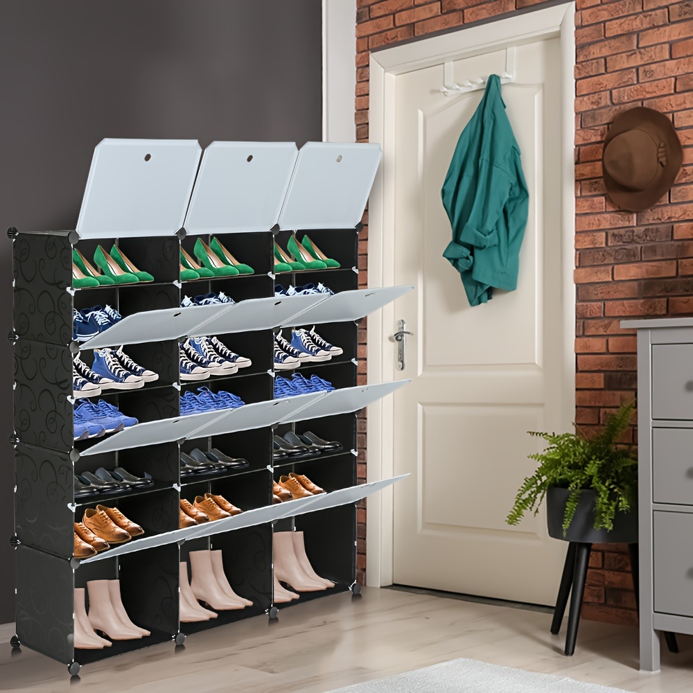Vintage-inspired 3-row, 7-tier Shoe Organizer With Black Patterned Doors - Diy Assembly, Freestanding Storage Cabinet For Heels, Boots & Slippers - Durable Plastic Construction