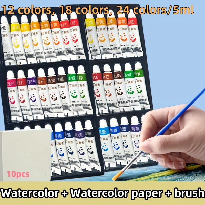 

Watercolor 12/18/24 10 Sheets Of Watercolor Paper +2 Brushes, 5ml/0.17oz, , , Suitable For Artists And Enthusiasts