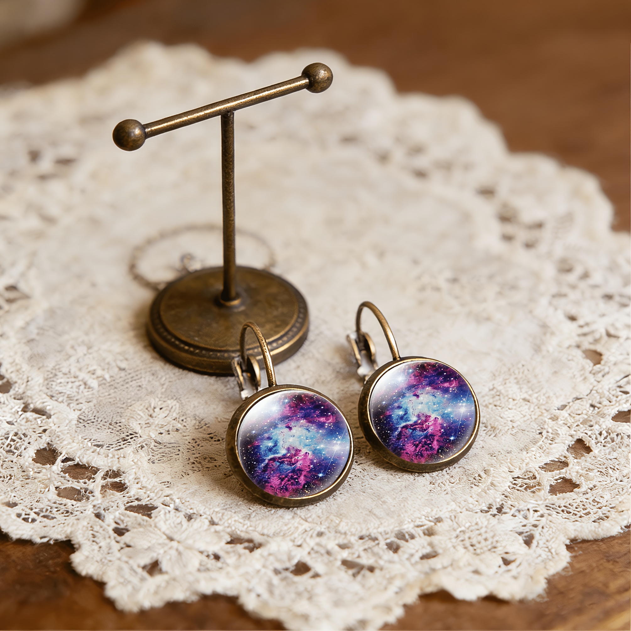 2pcs Cyan Round Classical Earrings Set with Colorful Universe Nebula