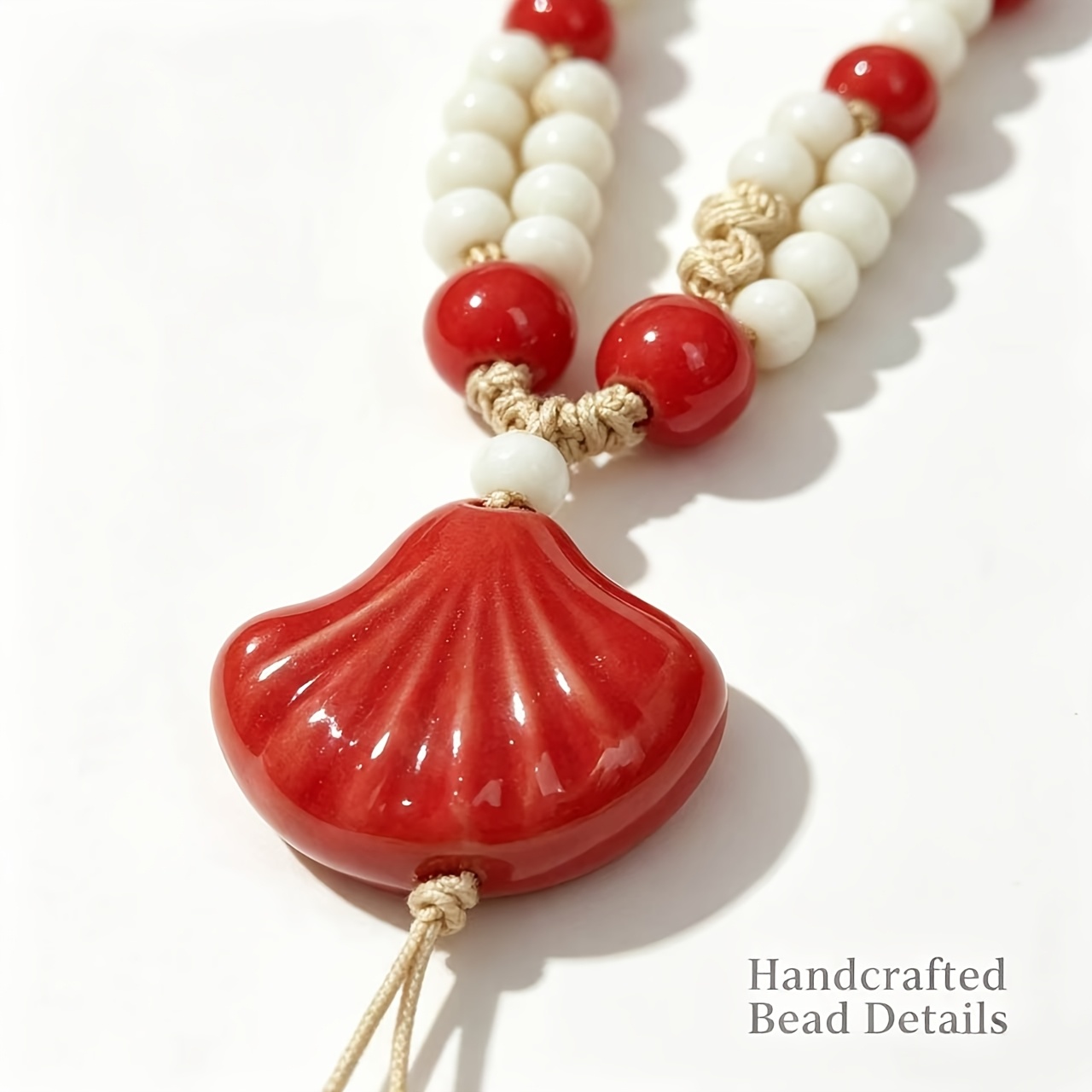 Handmade Red Shell Ceramic Beaded Adjustable Rope Long Necklace