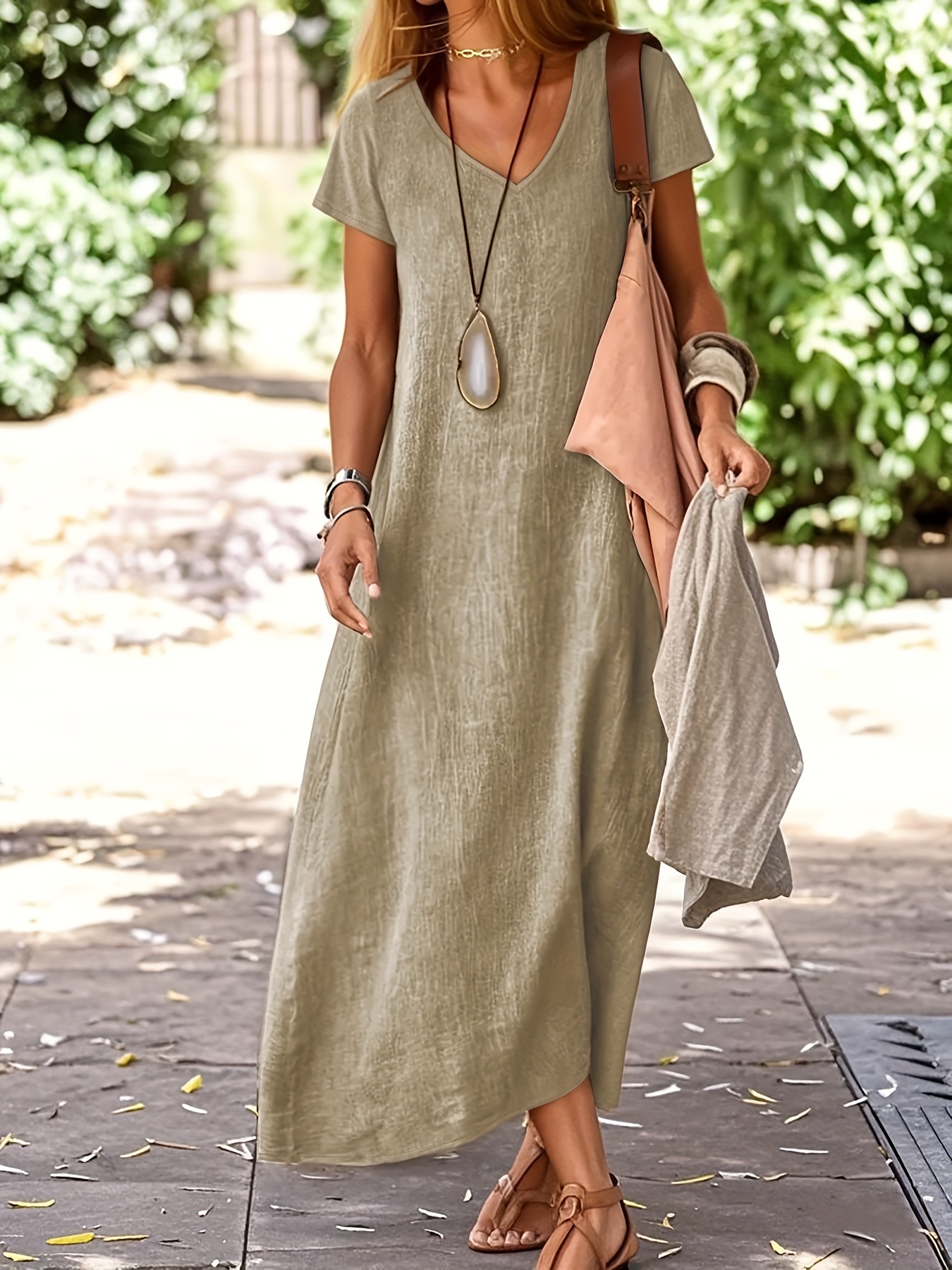 womens casual v neck a line dress olive green short sleeve loose   season     casual attire casual attire dress   dress texture clothes for women high quality summer dress for women dress for women summer dress maxi dresses for women elegant dresses for women wedding guest dresses women khaki 0