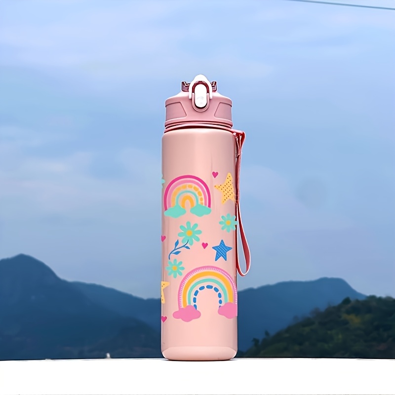 TEMU 1 Cute Cartoon Animal Plastic Water Bottle Dinosaur With Rainbow Pattern, Leakproof Lock And Portable Straw - Large Capacity, Outdoor Sports And