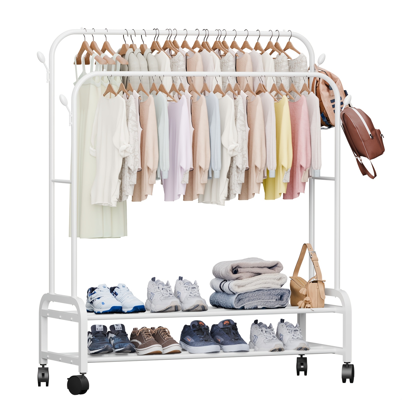 Freestanding Pole Iron Clothes Rack Hooks And Wheels For Efficient Home Storage Versatile Garment Hanger Stand For Organizing Clothes Toys And Accessories