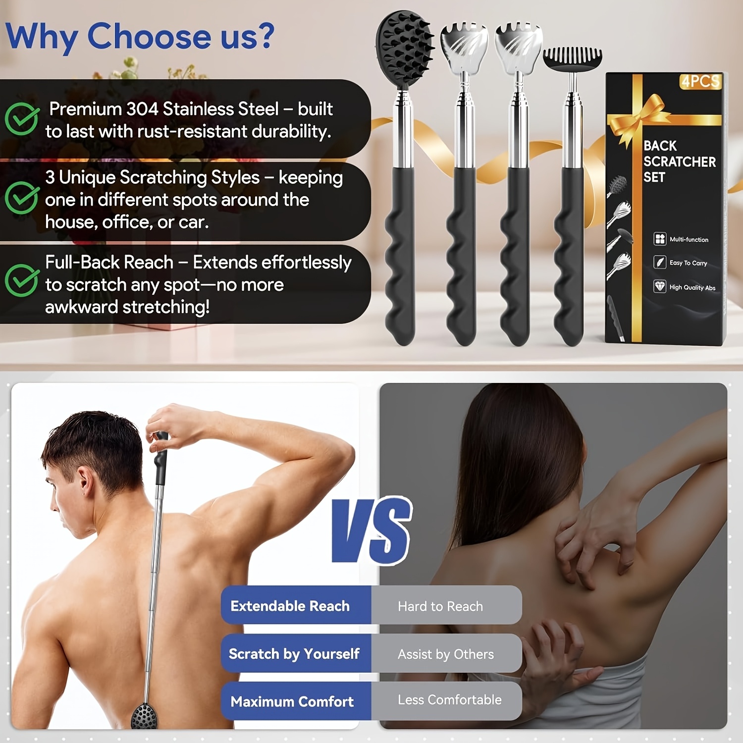 4 in 1 back scratcher with telescoping pole   portable   device suitable for men women stocking stuffers white elephant gifts rubber handle durable Product details 2