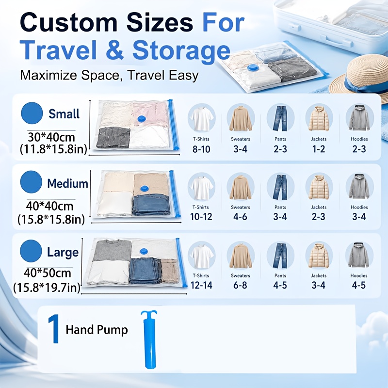 TEMU Vacuum Compression Storage Bags - Large Thickened Bags (30x40cm X 40x40cm X 40x50cm) X 3/2/ Hand Pump, Use. Suitable For Dorms, Moving, Travel,
