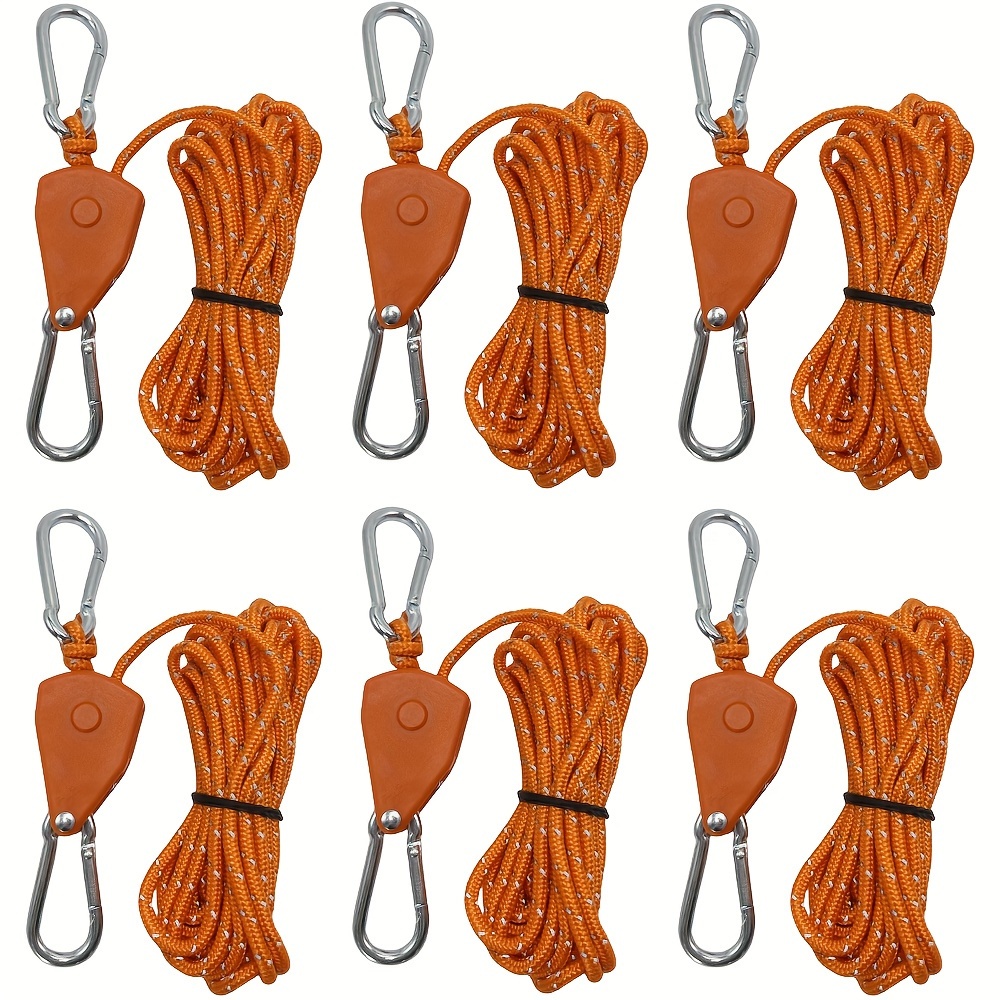 TEMU 6pcs Camping Tent Tie Down Rope, Tightener Fastening Wind Rope Buckle, Pulley Ratchet Hangers Awning Rope Hook