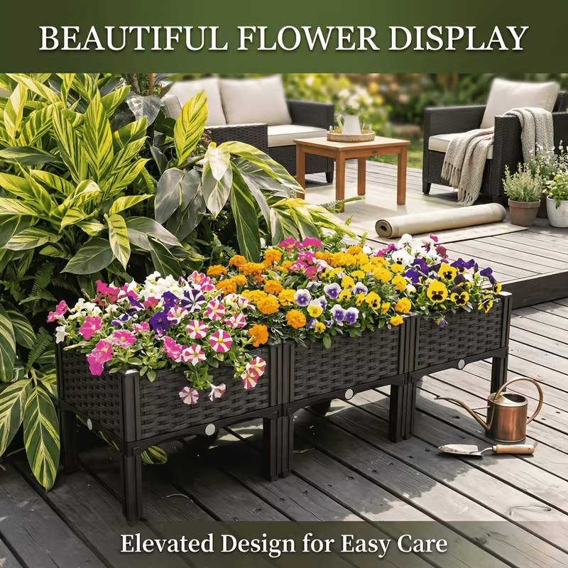 raised garden planter with legs traditional black woven plastic container   outdoor gardening great for growing flowers vegetables and herbs sturdy and lightweight elevated garden planter with a versatile design