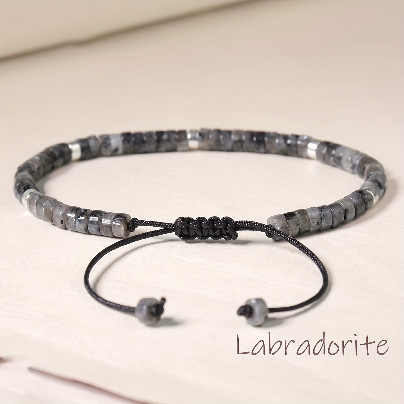 Men's Adjustable Labradorite Beaded Bracelet, Natural Stone
