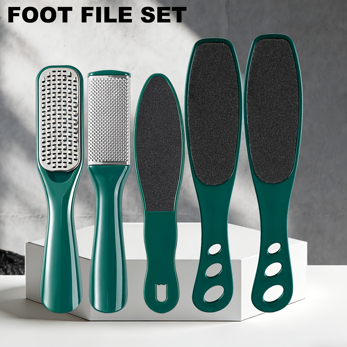 TEMU 5pcs Dark Green Stainless Steel Double-sided Foot File Set, Pedicure Tools, Including A Foot Rasp For Removing Dead Skin,, And Hard Skin, Foot