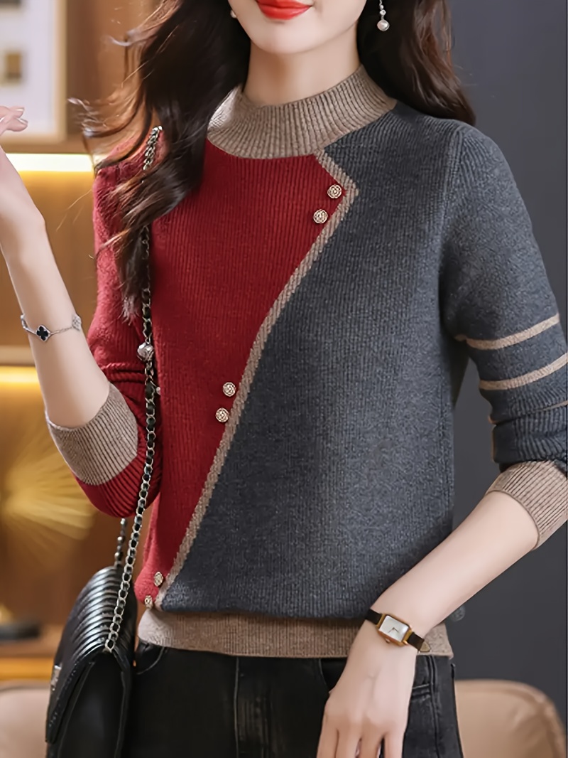 New Korean-Style Color-Blocked Half-High Neck Sweater for Spring, Autumn, And Winter 2025, Featuring a Loose Fit And Stylish Design, Perfect for Layering. Soft And Versatile Long-Sleeve Top for Women