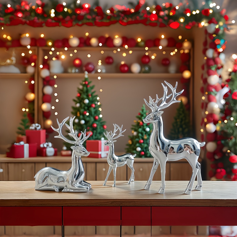 Image of 3pcs Reindeer Figurine Ornament Set, Elk Desktop Decoration, Instagram-style, Home Decor, Girlfriend, Couples, , Christmas, Cabinet, Mantelpiece, Fireplace, Home Decor Accent, Collectible Statue