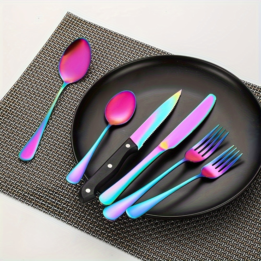 24pcs colorful cutlery set with 4 steak knives stainless steel cutlery set home party and restaurant dishwasher safe   dinner knife x 4 steak knives x 4 dinner spoons x 4 dinner forks x 4 dessert spoons x 4 dessert forks x 4