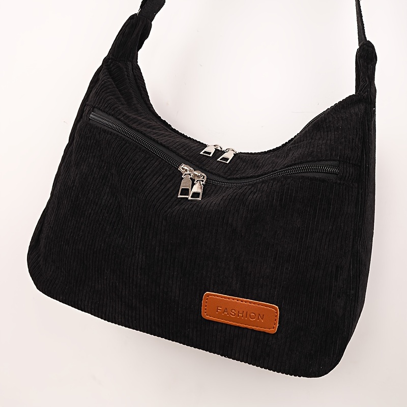 TEMU New 2024 Korean-style Solid Color Striped Tote Bag With Corduroy Crossbody Design For Women
