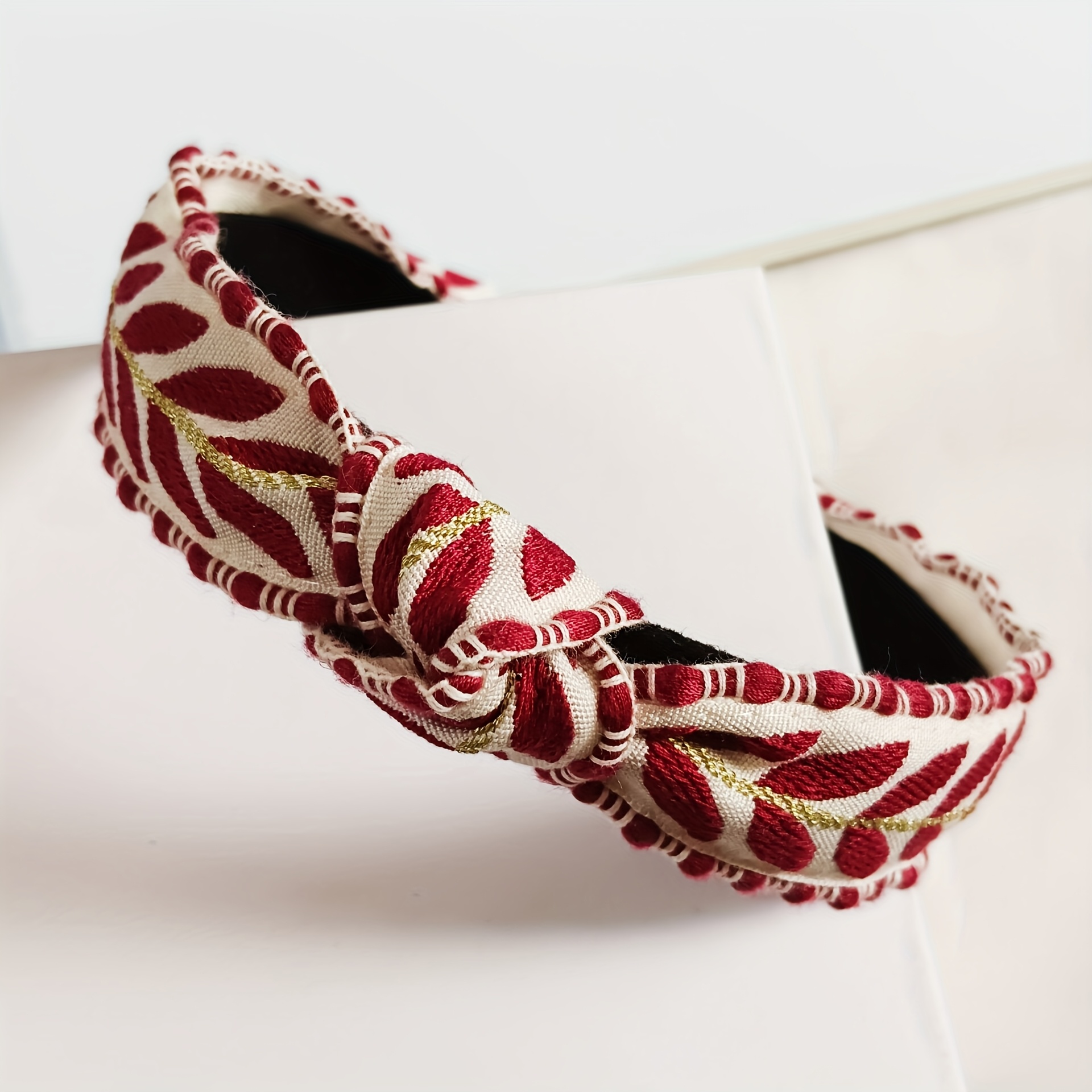 E-shop Böhmisches geknotetes Stirnband-Haarreif mit besticktem Blattdesign, Vintage-Haaraccessoire zum Gesichtwaschen Haarstyling, geeignet für