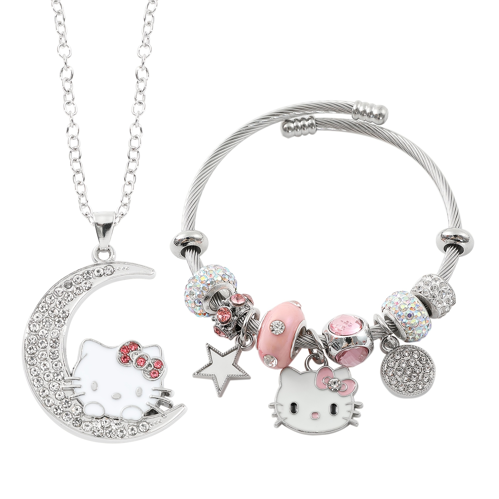 

Hello Kitty 2pcs Fashion Jewelry Set - Sparkling Bracelet & Moon Pendant Necklace, Casual Attire Or Gifting