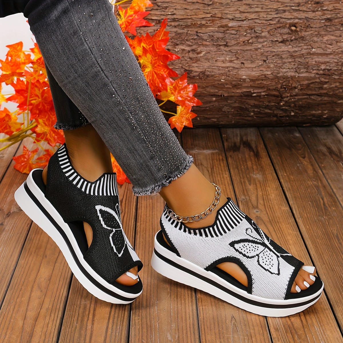 Women's Contrast Color Casual Sandals, Platform Slip On Knitted Walking Shoes, Butterfly Wedge Vacation Shoes