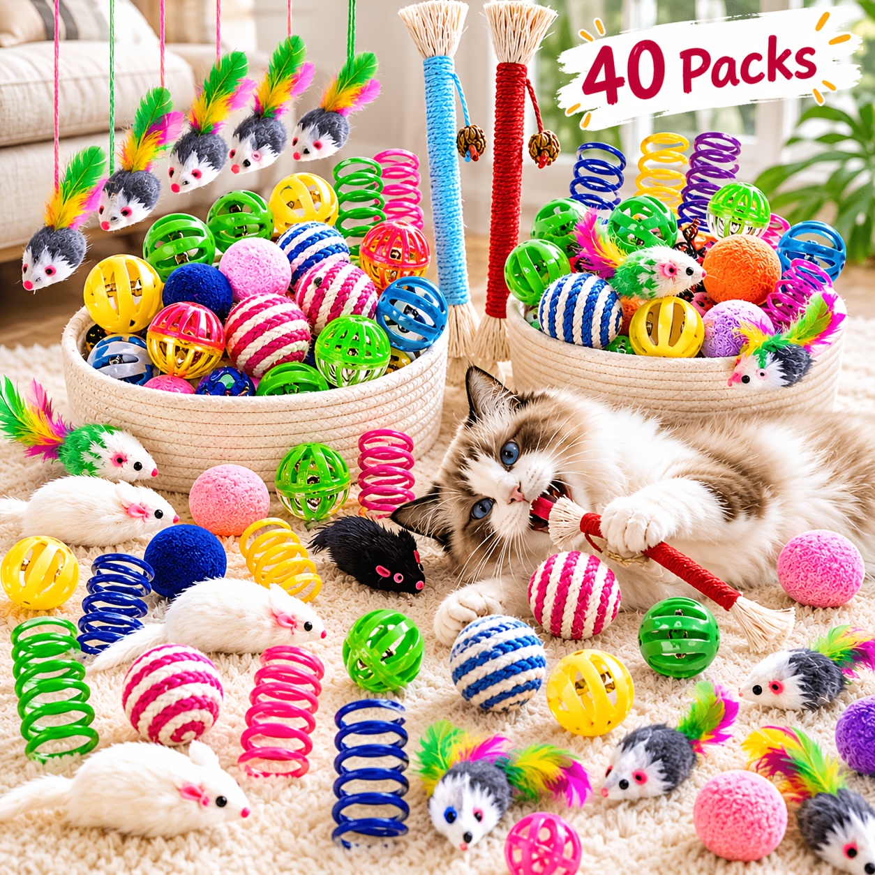 40pcs Cat Toys Set, Supper Value Interactive Play Kitten - Includes 14 Springs, 8 Plush Mice, 8 Bell Balls, 4 Rope Balls, 4 Yarn Balls & 2 Pet Ropes
