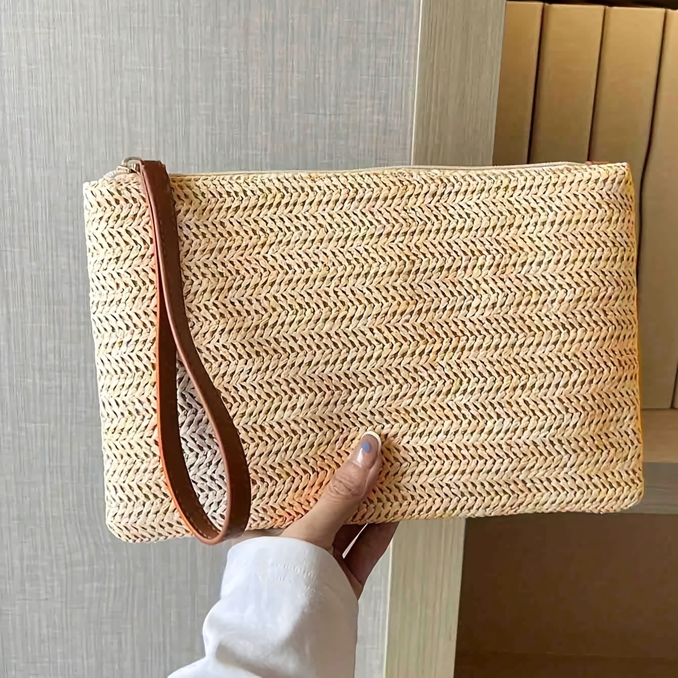 TEMU Juego de 1/2 piezas de bolso de de paja tejida para mujer – Bolso de paja de playa estilo bohemio con cremallera y correa de muñeca, diseñado