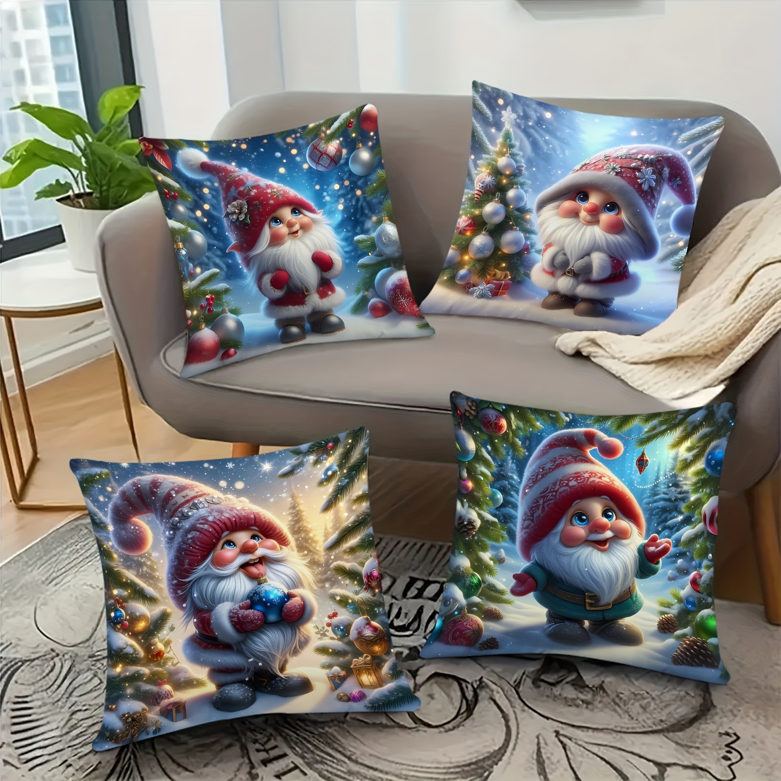 

4pcs Christmas Gnome And Tree Ornaments Microfiber Throw Pillow Covers, Contemporary Style 18x18 Inch, Festive Home Decor Cushion Cases With Zipper, Machine Washable, Decorative For Various Room Types