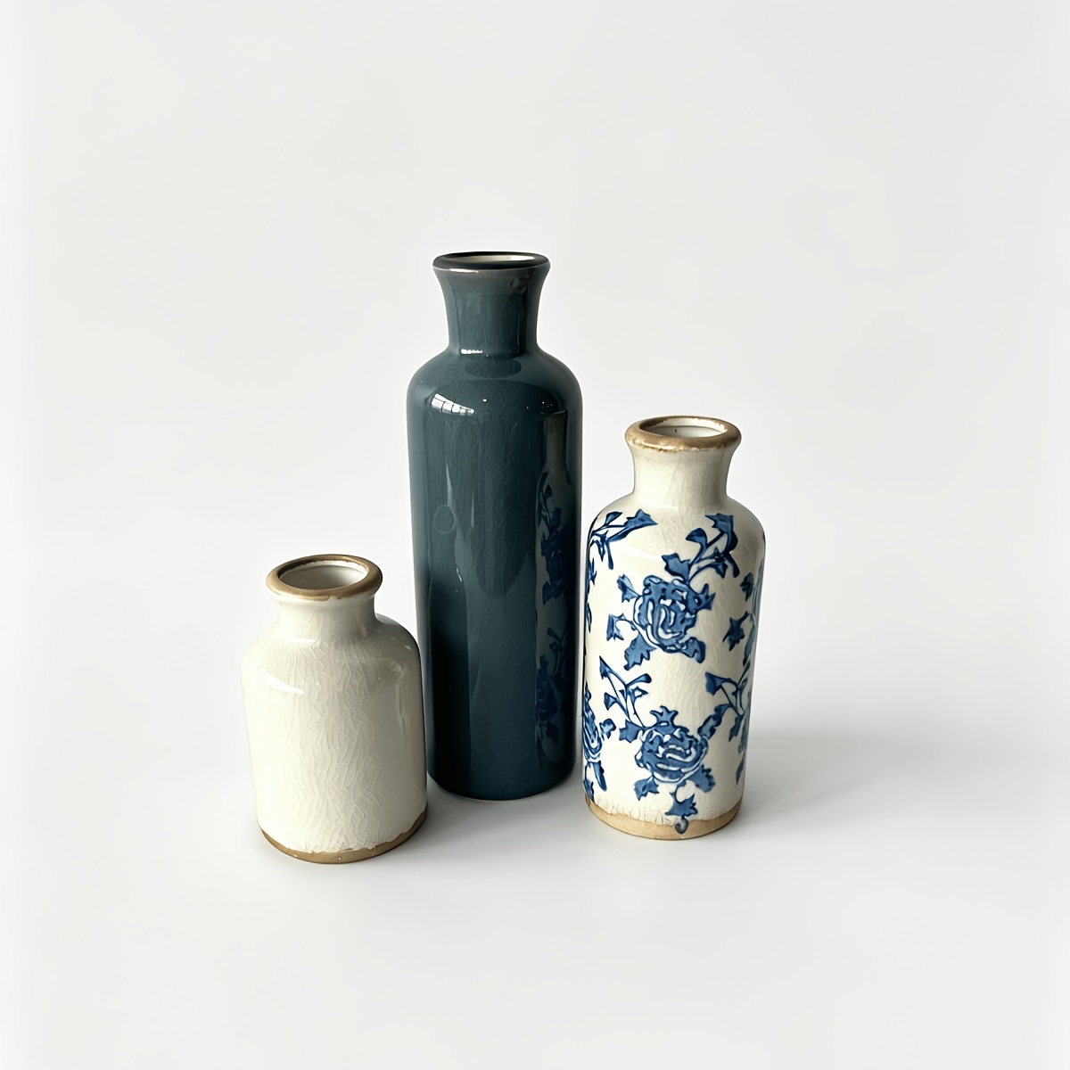 3pcs Vintage Ceramic Vase Set | Decor For Hydroponic Plants, Cylindrical Shape, Flower Theme