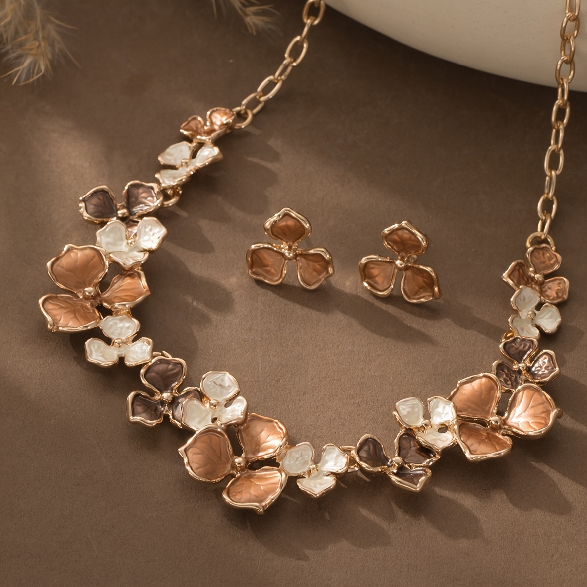 E-shop Halskette + 2 Stk. Ohrringe, Zinklegierung Emaille Blumen Damen Schmucksets, Vintage Luxus, Böhmische Frühling und Sommer Urlaub Elegante