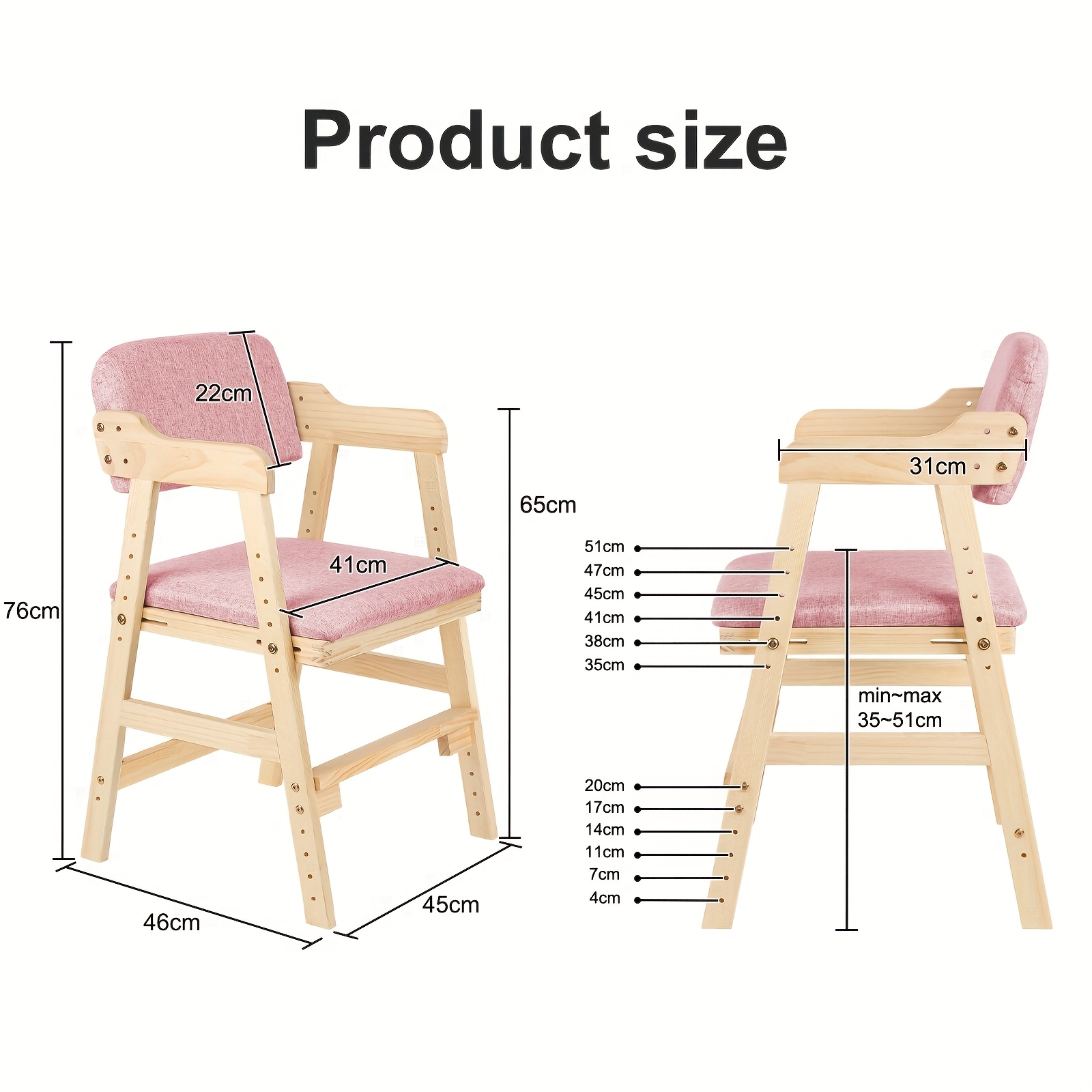 Image of Adjustable Study Chair, Lift-height Desk Chair, Upholstered Leisure Chair With Armrests, , Pine Wood Material, Pink