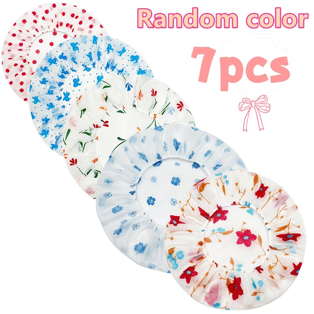 TEMU 7pcs Random Color Adjustable Printed Shower Caps, Made Of High-quality Materials, Reusable, With Elastic Bands, Ideal For Women' Salons