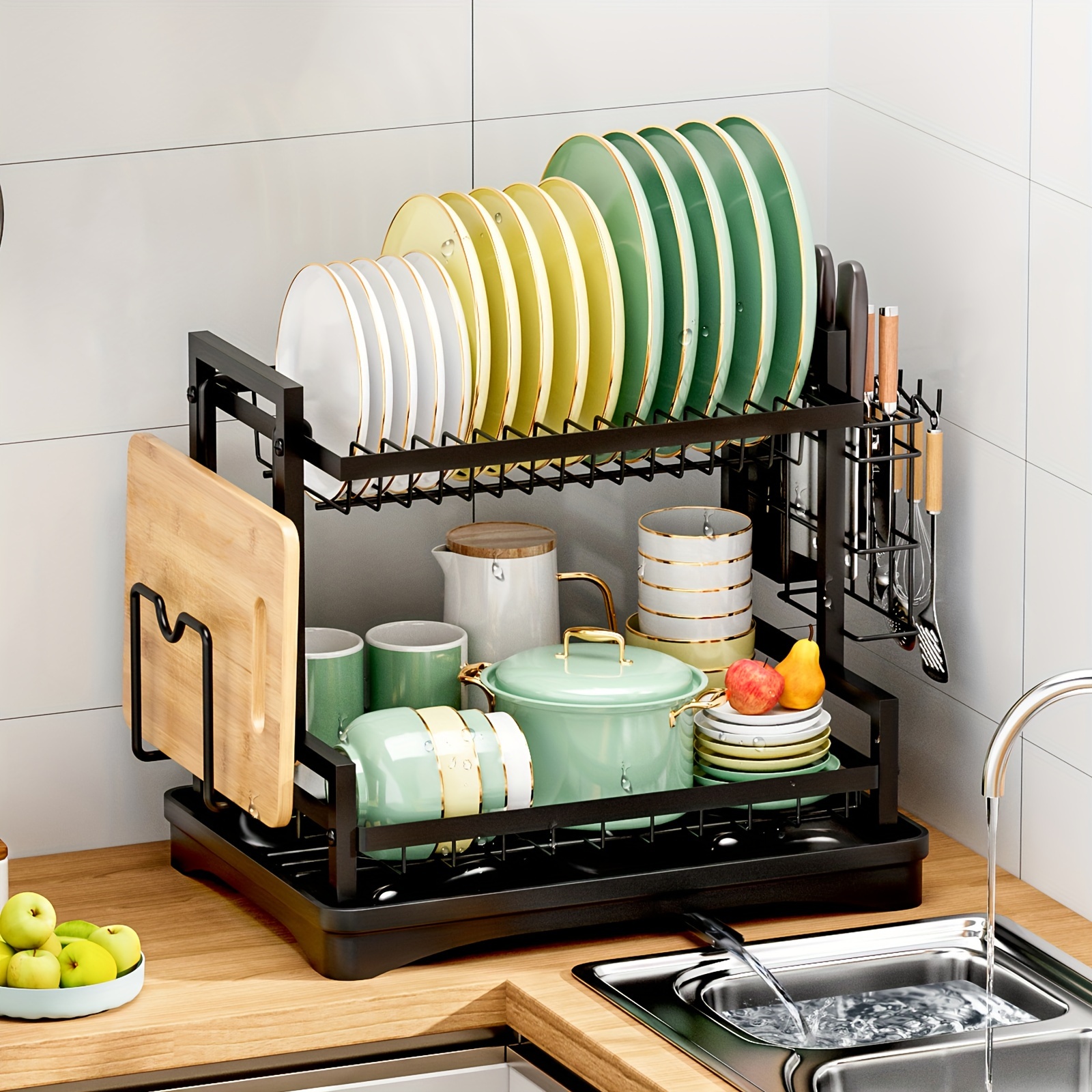 2-tier dish rack, double layers space-saving dish drying rack with