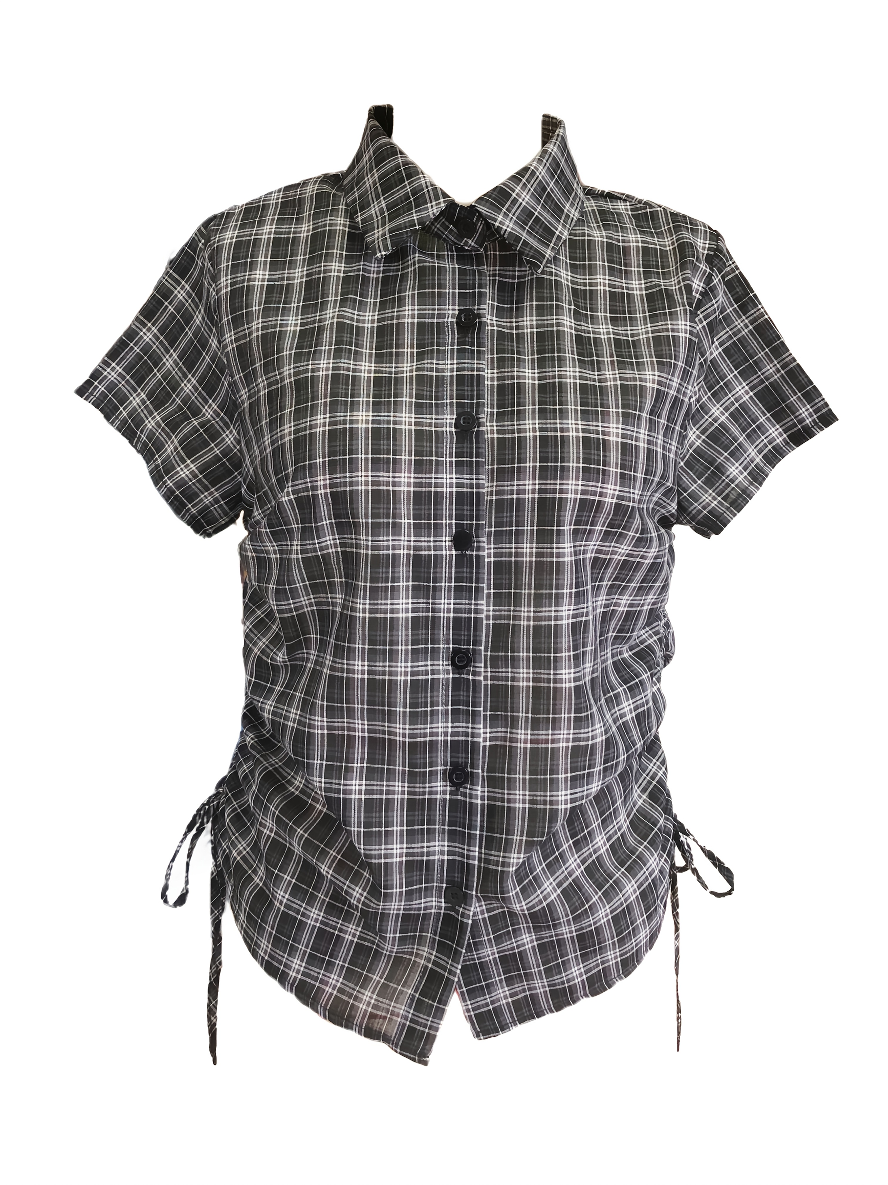 Korean-Style Plaid Short-Sleeve Button-Up Shirt with Gathered Drawstring Hem, a Versatile And Youthful Top for Women
