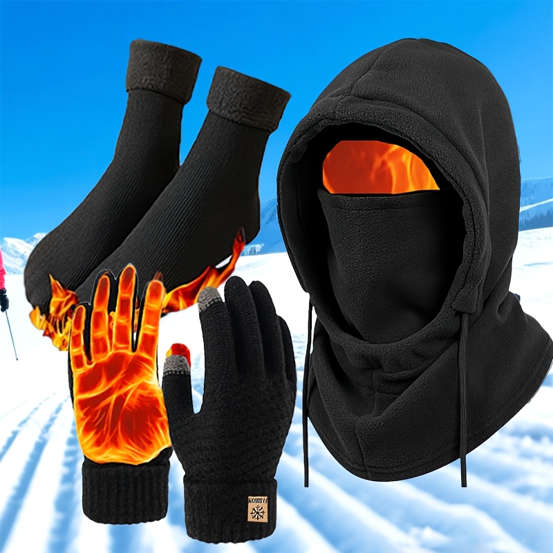 3pcs Winter Hat Hood Scarf Gloves Warm Socks Set