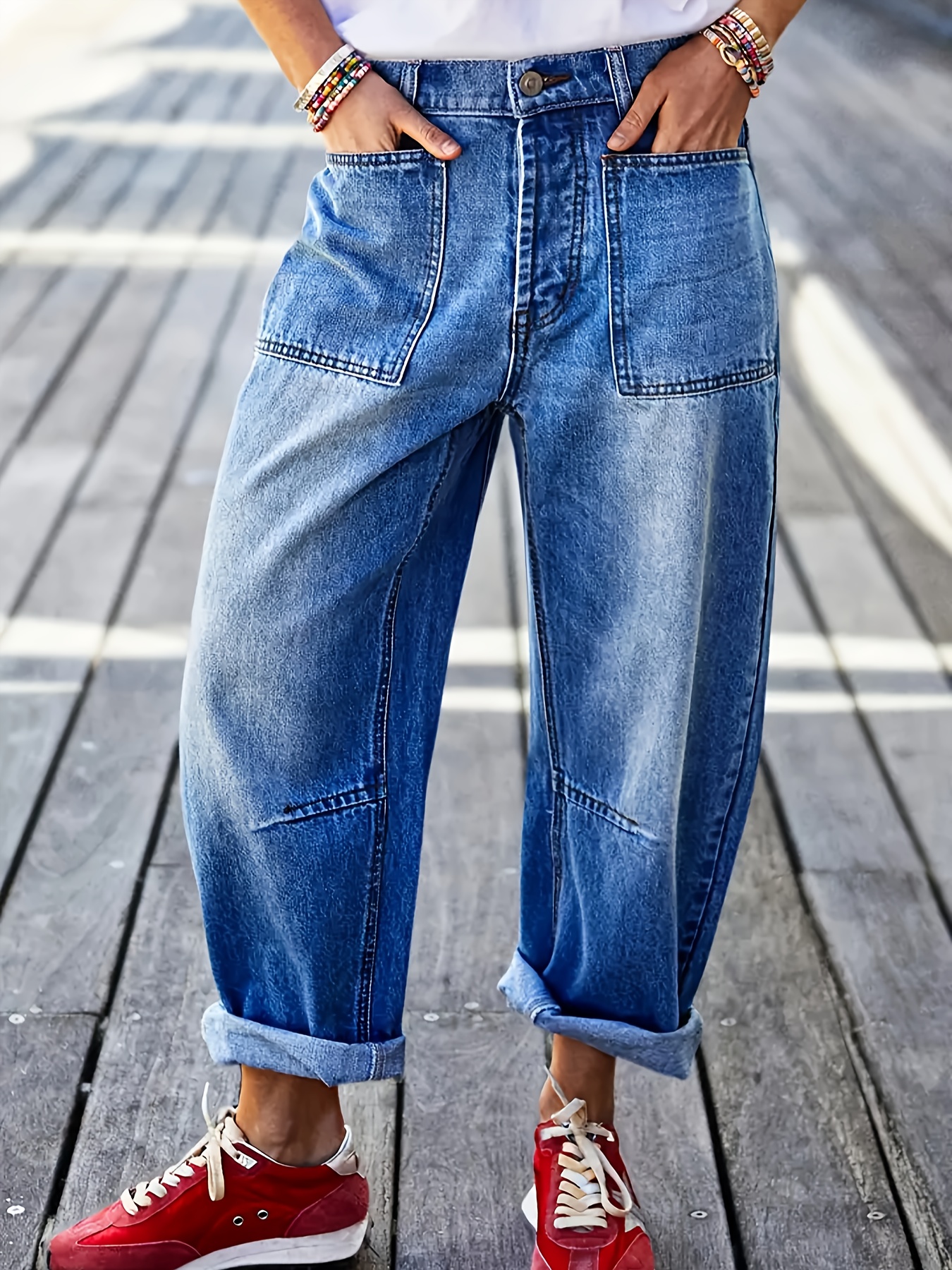 dmsk plus size elastick dnov kalhoty - stedn stehovn s taperovanm nohavicm a rolovanm lem, it detail a kapsy, svtle modr lern styl pro lern obleen, pohodln mda | kalhoty s rolovanm lem | kalhoty s lesklm povrchem 0