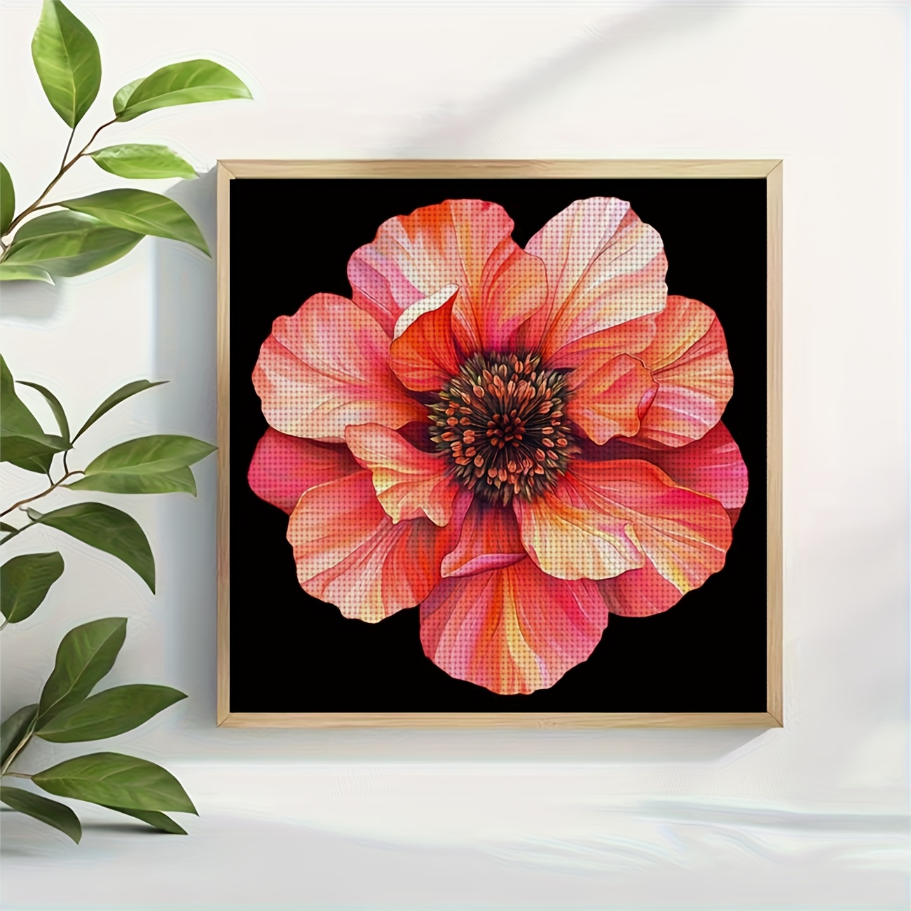 DIY Cross Stitch Print Kit, Frameless, "Vibrant Flowers on Black Background" Pattern