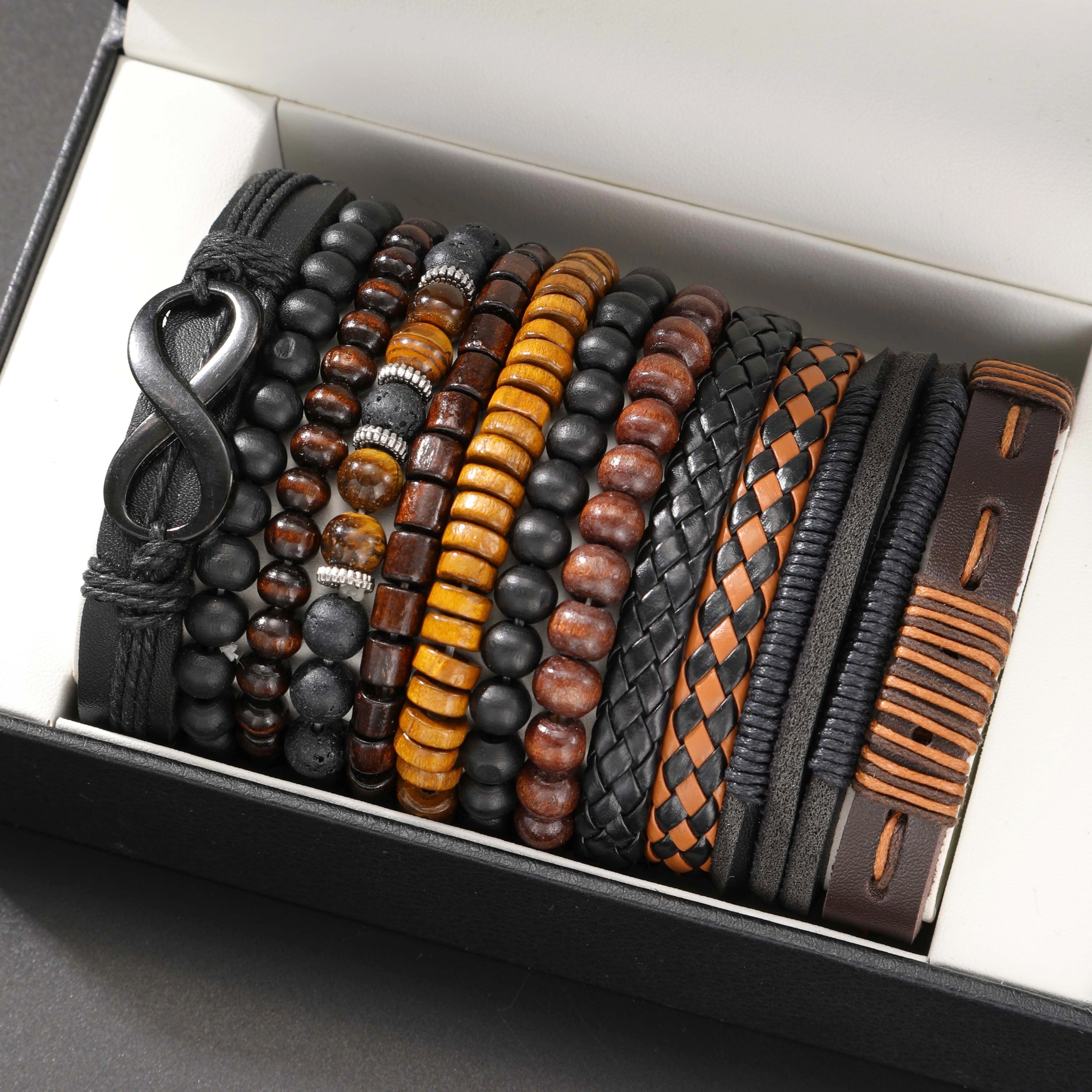 

12pcs Trendy Braided Leather & Tiger Eye Beaded Bracelet Set - Fashion Jewelry For Casual Attire, Perfect Gift For , , And Dads On Halloween, Christmas, Valentine's Day, New Year