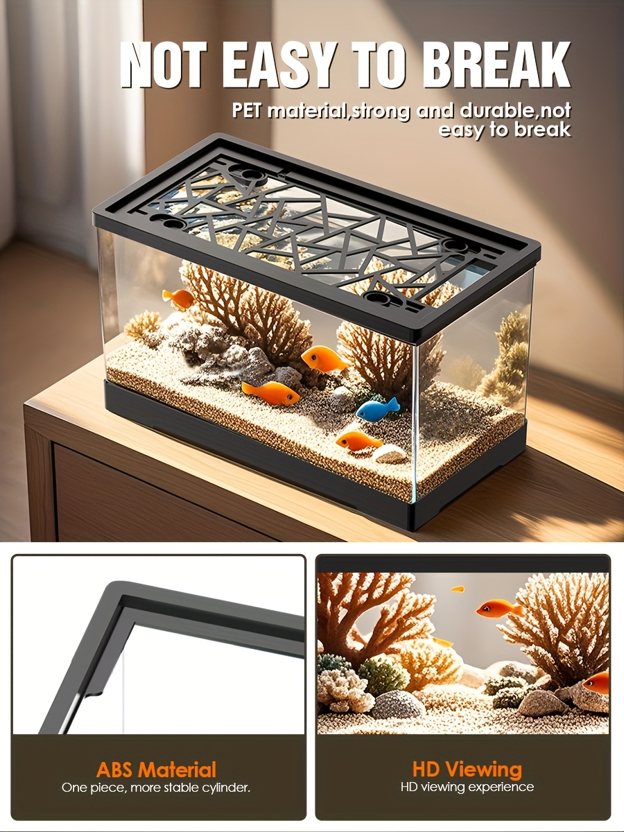 Aquarium Fish Tank Set, Includes a Covered Transparent Square Fish Tank, Fishing Net, Artificial Aquatic Plants, And Colorful Stones, Suitable for Keeping Goldfish, Bettas, Shrimp, Turtles, Hermit Crabs, And Aquatic Plants