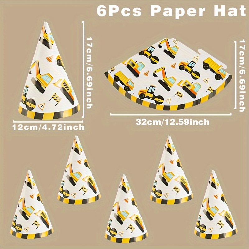 TEMU 6pcs, Party Headwear, Engineering Vehicle Paper Hats, Yellow Engineering Vehicle Design Birthday Hat, Construction Theme Birthday Party