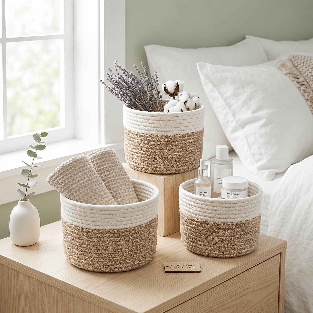 TEMU 3pcs Shenghuo Woven Storage Basket Set With Rope Closure Suitable For Bathroom, Bedroom, Living Room Organizers - Woven Bins, Decorative