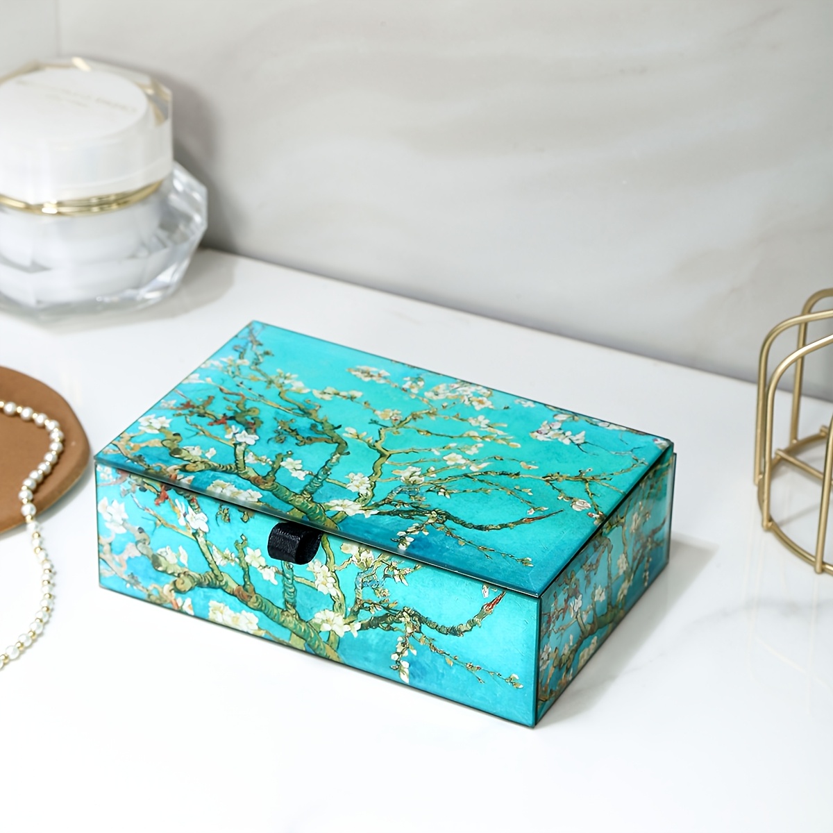 TEMU Large Glass Jewelry Box Featuring Van 's Almond , Lined With Velvet, An Elegant Hand-painted Gift For Women, Perfect For Organizing Bedroom