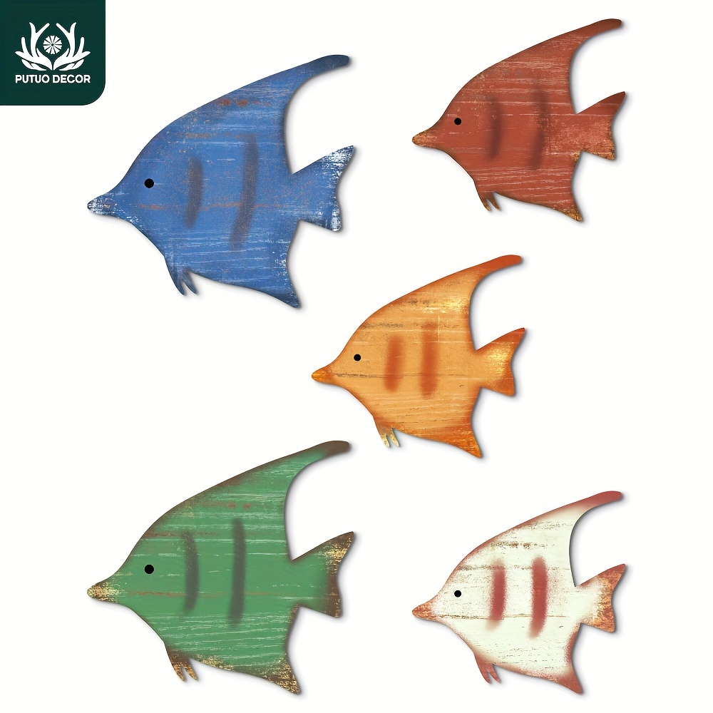 

Putuo Decor 5 Pcs Wooden Wall Decor Beach Nautical Coastal Fish Wall Of Fish Wall Art Hanging Lake House Ocean Decor Vintage Ornaments For Home Bathroom Bedroom