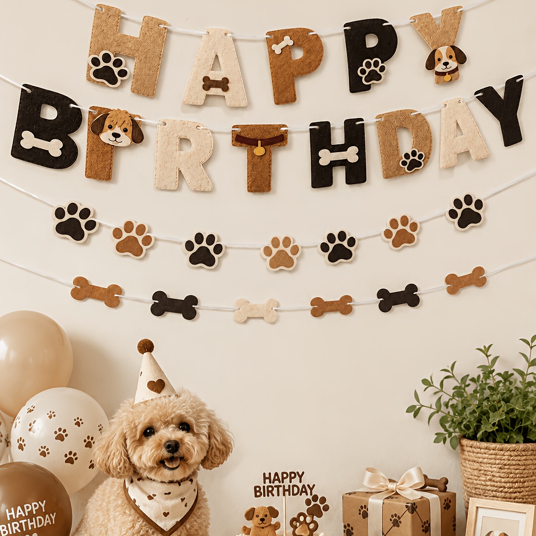 TEMU 2D Flat, 2D Flat - 2D Flat, 2D Flat - 4er Set 2D Flat Hunde Geburtstags Filz Banner, HAPPY BIRTHDAY Buchstaben Girlande mit Pfotenabdruck &