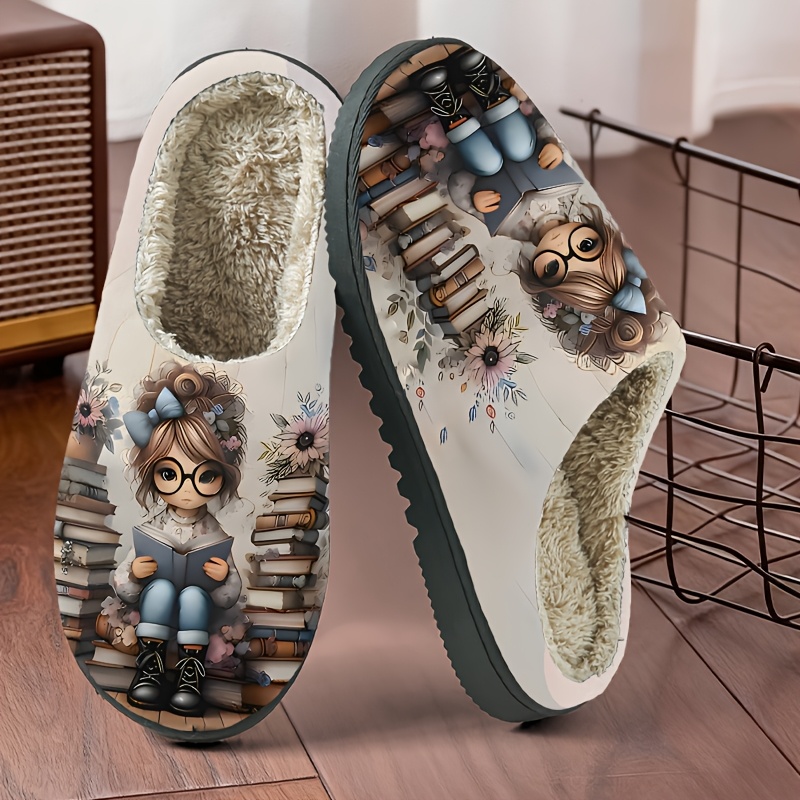 TEMU 1 par de pantuflas cómodas, temática de pequeño con gafas sobre una pila de libros leyendo, zapatillas de casa para mujer, para uso