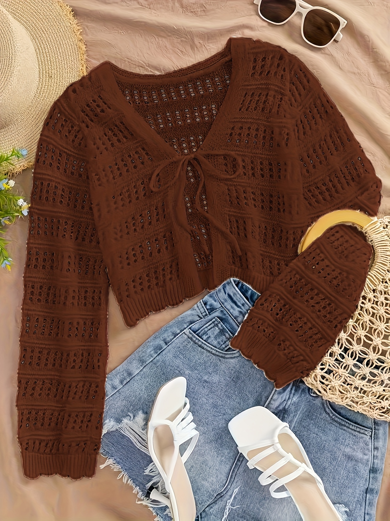 women's summer semi sheer lace cardigan v neck crochet cover