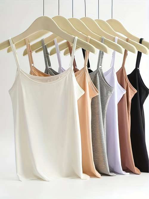 6pcs Simple Solid Round Neck Cami Top, All-match Basic Cami Top, Women's Lingerie & Underwear
