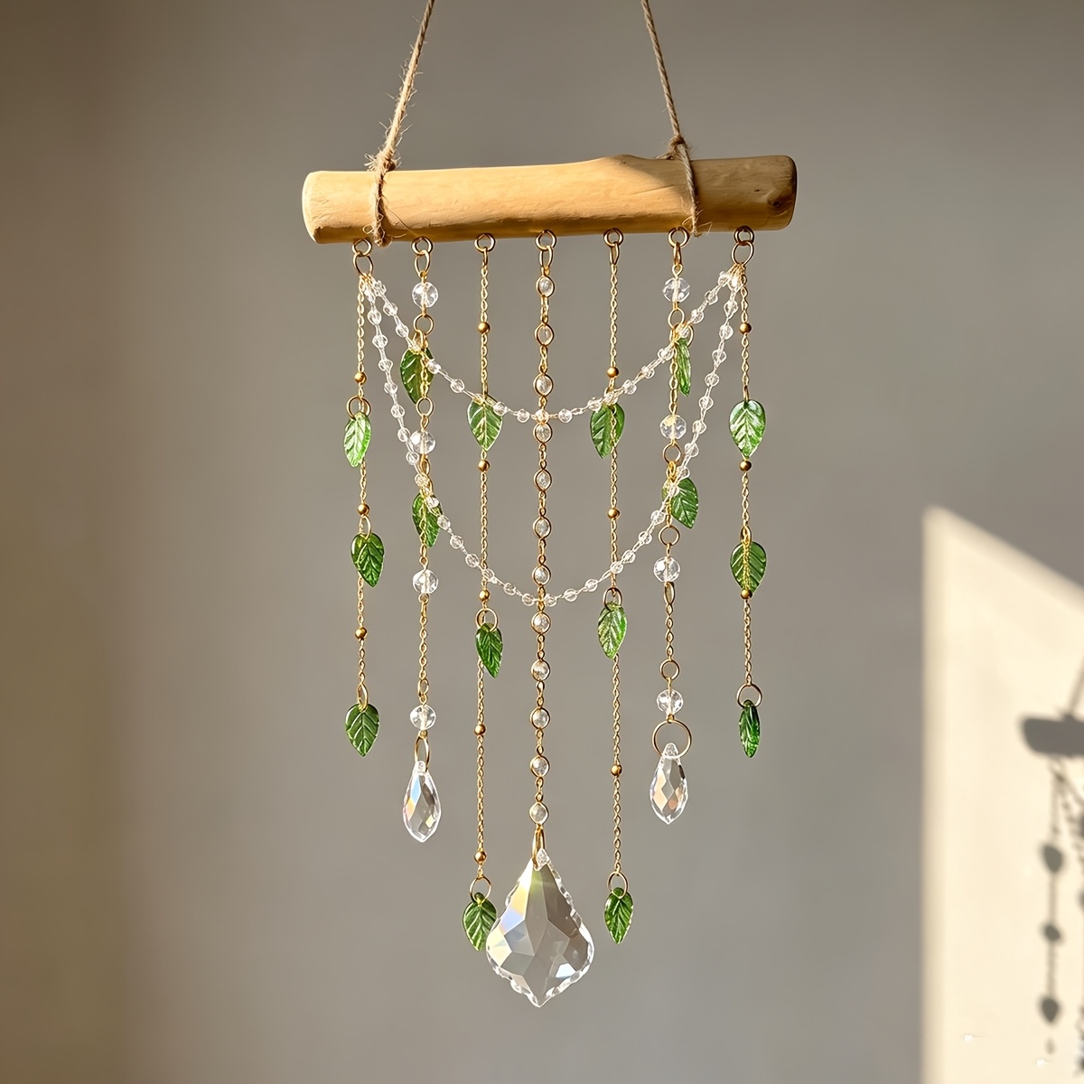 Image of Crystal Wooden Stick Garden Light Collector, With Green Leaf Pendant, Rainbow Catcher Hanging Ornament, Green Leaf Glass , Hanging Window Wall Pendant, Nature- Garden Decor Gift