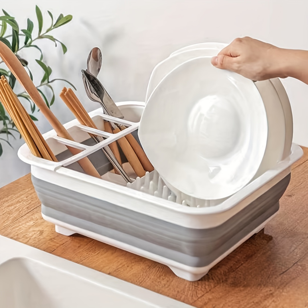 

4-in-1 Compact Kitchen Organizer - Foldable Storage Tray With Cutlery Drain, Space-saving Plastic Rack For Dishes & Utensils, Perfect For Camping, Rvs & Home Use