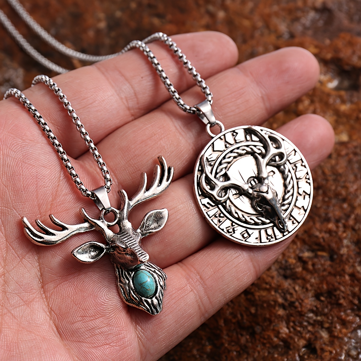 TEMU 2pcs Niche Retro Stag Head Pendant Necklace, 2 Styles , Street Trendy Cool Scarf Chain, Unisex Jewelry, Individual And Non-collision Design
