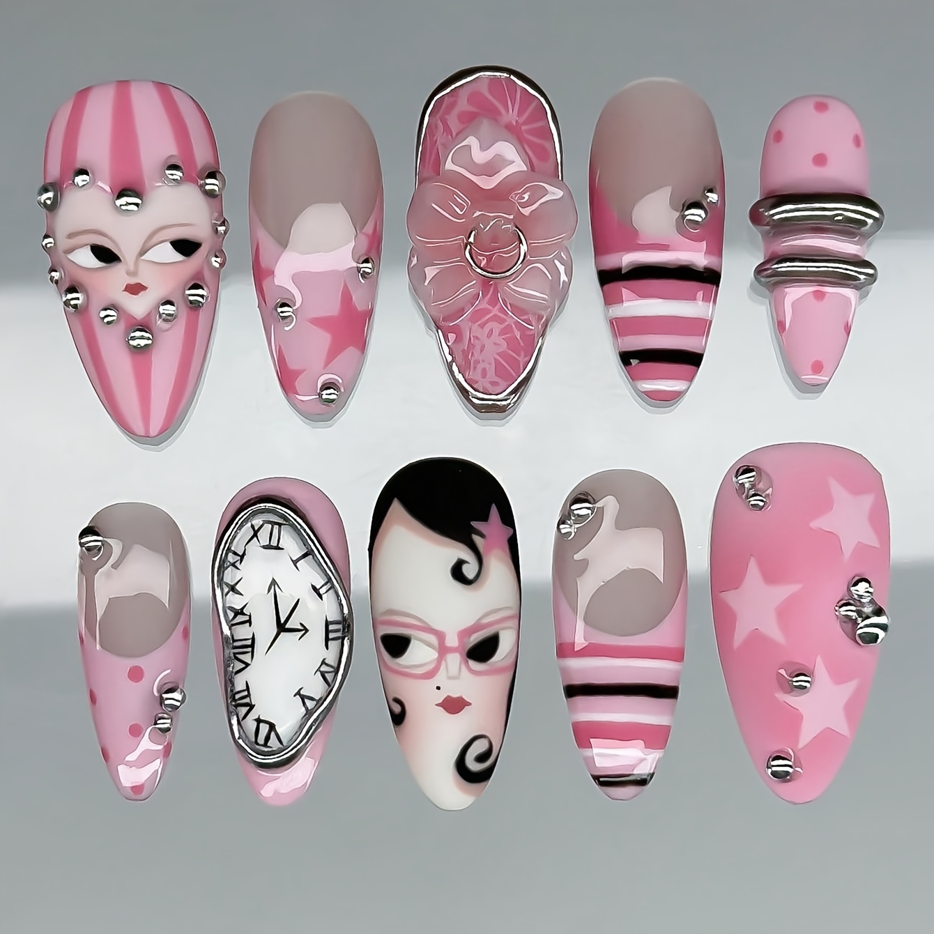 TEMU 10pcs Sweet Flowers Press-on Nails Medium Almond Shape Fake Nails Acrylic Surface Glossy Pink Tips Gel Nails Reusable With Stripe Star Cute And