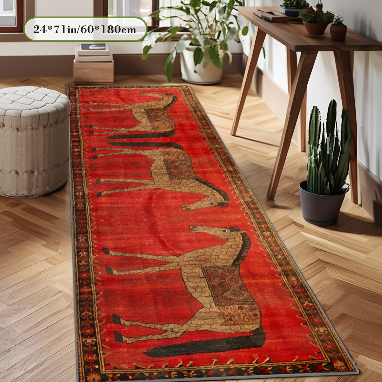 TEMU Soft Plush Rug With A Dotted Plastic Bottom, Featuring A Long Design With A Horse Pattern. This 2d Printed Rug Is A Decor Item Suitable For
